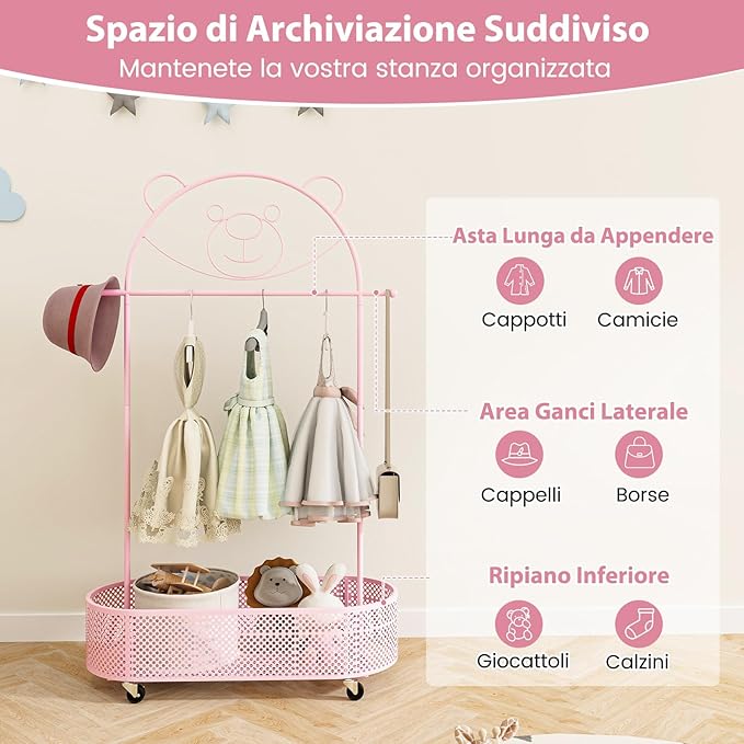 Appendiabiti per Bambini con 3 Altezze Regolabili, Supporto per Abiti con Ruote, con Asta e Cesto Portaoggetti in Ferro, per Stanza dei Bambini Soggiorno, 81x34x182 cm