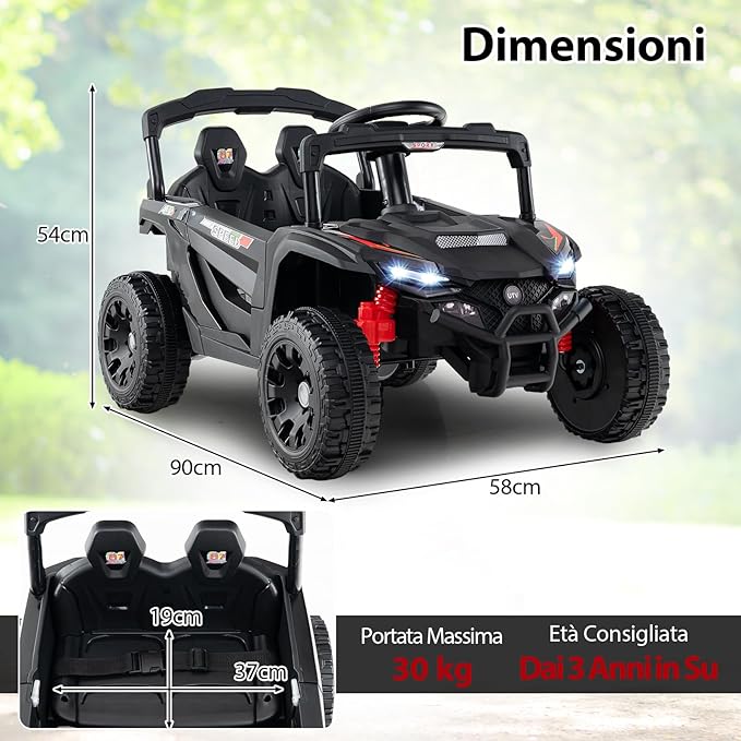 12V Macchina Elettrcia per Bambini, UTV Auto Elettrica con Telecomando, 3 Velocità, Luci LED, Musica, Clacson e Sospensioni a Molla, 3-5 km/h, Ideale per Bambini 3 Anni+ (Nero)
