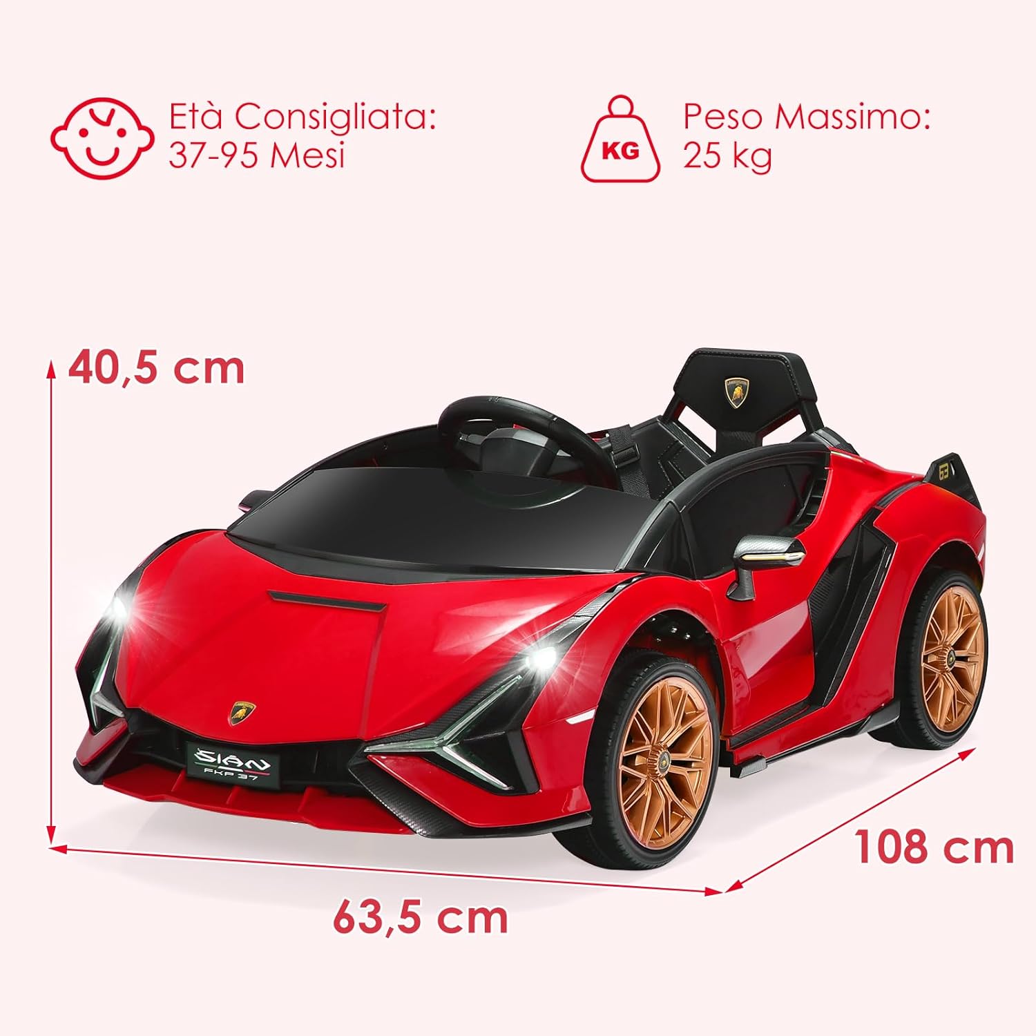 Macchina Elettrica Lamborghini per Bambini da 12V, Veicolo Elettrico con Luci LED MP3 Telecomando, Fino a 5km/h, +3 Anni (Rosso)