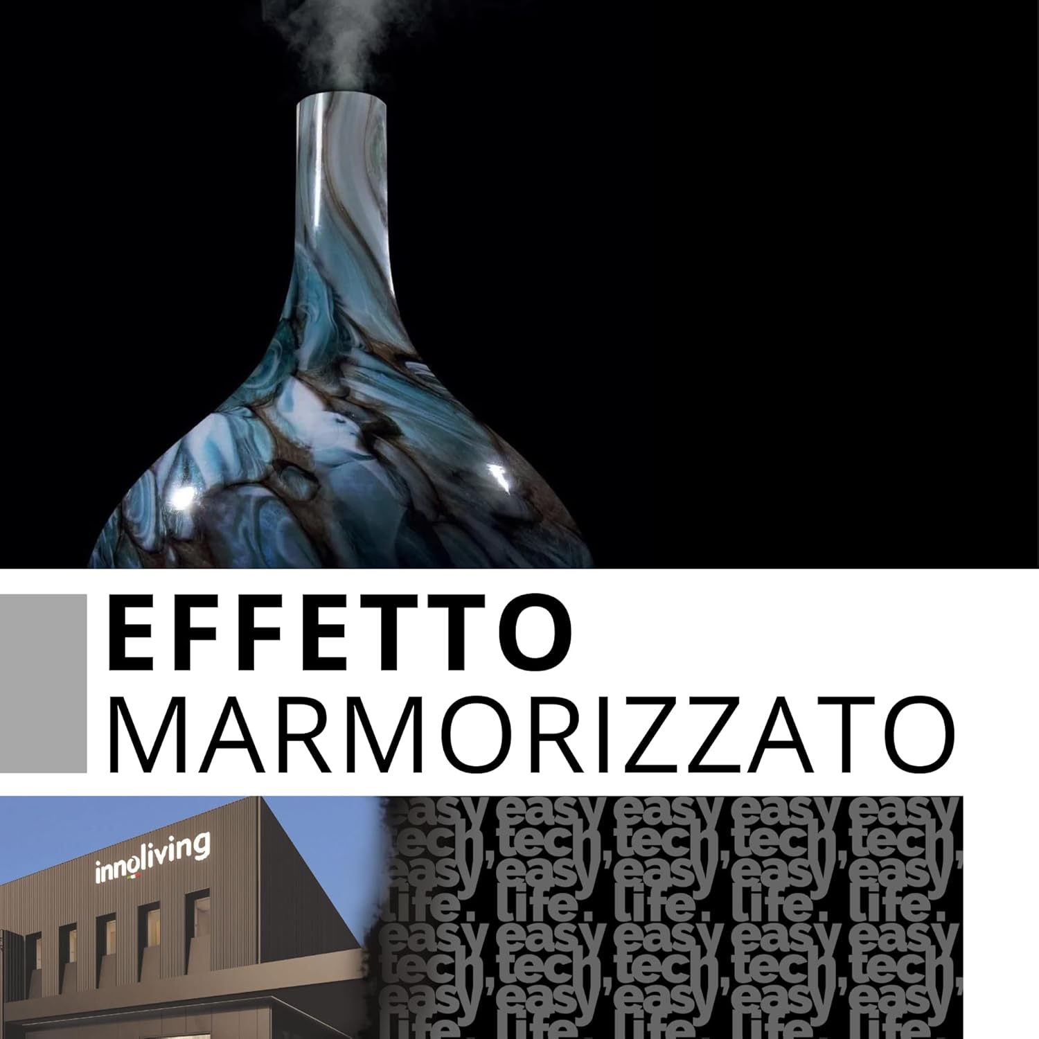 Innoliving INN-773G Diffusore d'Aroma ad Ultrasuoni in Vetro, Capacità 150ml, Copertura in Vetro Effetto Marmo Resistente