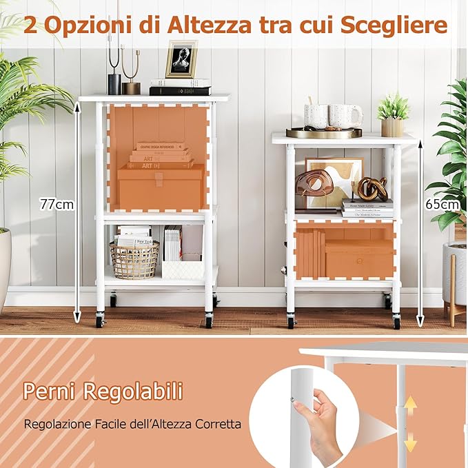 Supporto per Stampante, Carrello Stampante a 3 Livelli con Ripiani di Stoccaggio e Ruote con Blocco, Altezza Regolabile, per Stampante 3D Scanner Fax, 49 x 40 x 65/77 cm (Bianco)