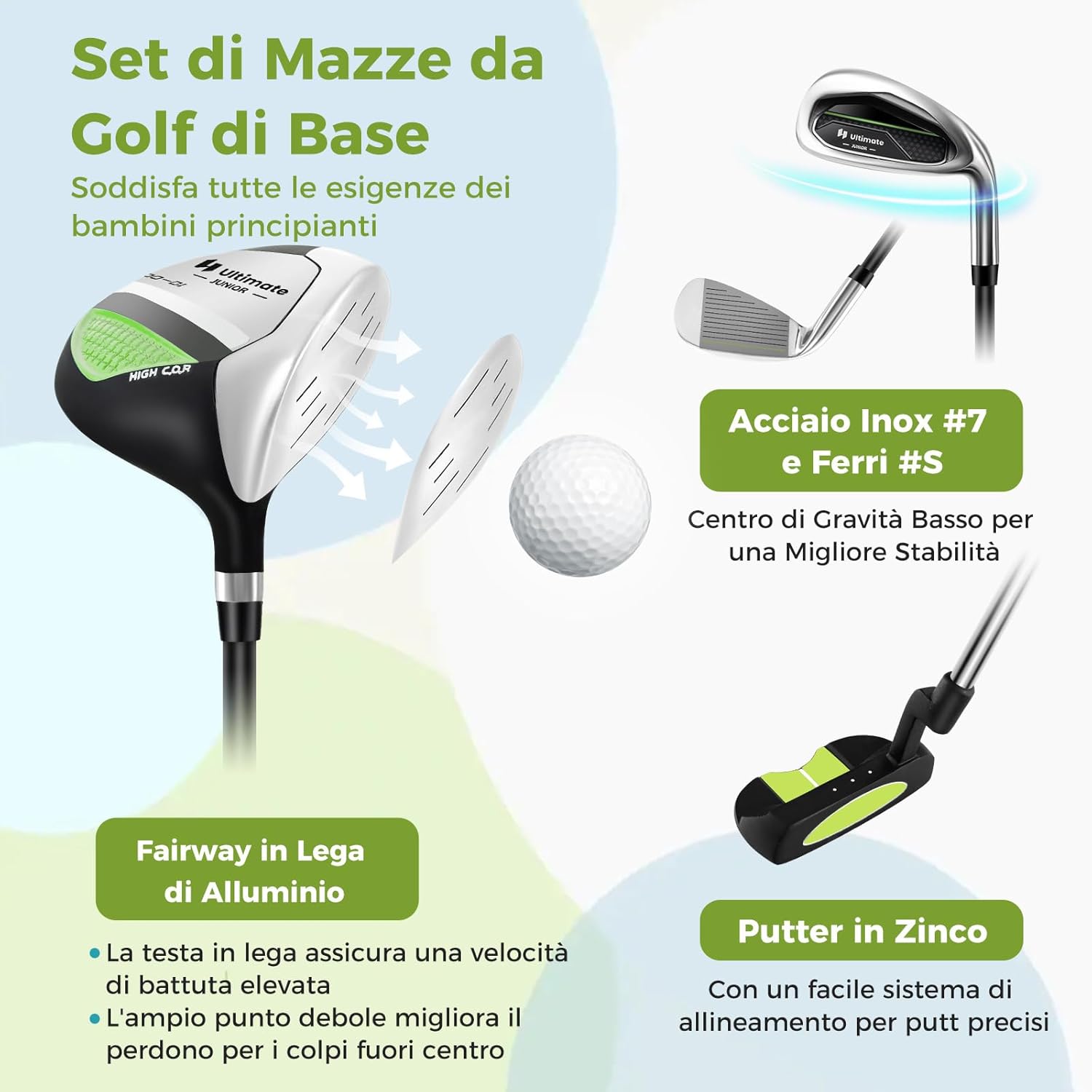 Set di Mazze da Golf per Bambini 8-10 Anni, Set Allenamento Golf con Sacca da Golf, Fodera Impermeabile, Driver 1, Ferro 7, Ferro S e Putter per Bambini e Bambine, Destrorso