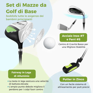 Set di Mazze da Golf per Bambini 8-10 Anni, Set Allenamento Golf con Sacca da Golf, Fodera Impermeabile, Driver 1, Ferro 7, Ferro S e Putter per Bambini e Bambine, Destrorso