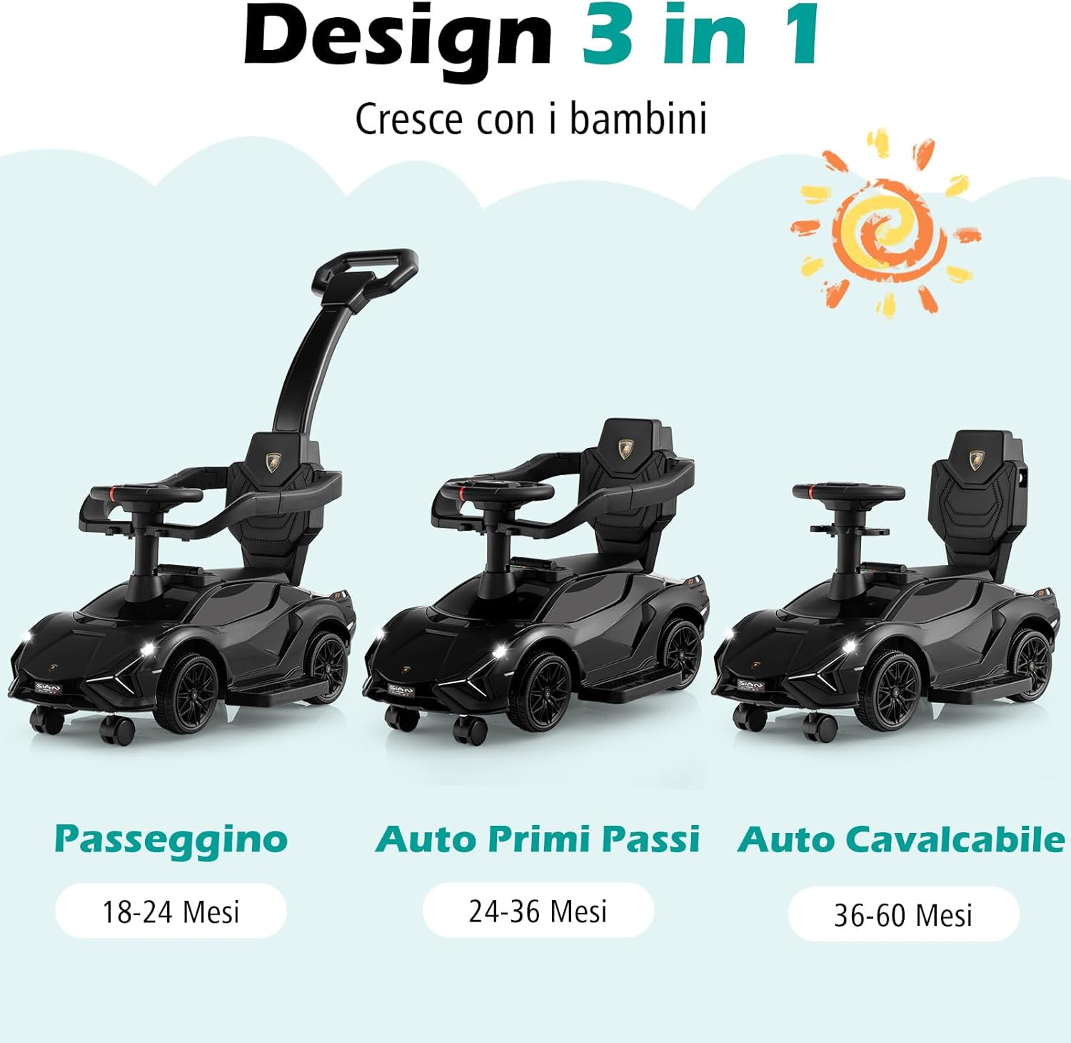 3 in 1 Auto da Spinta, Auto Scorrevole con Paracolpi e Manubrio Rimovibili Musica e Fari, Spazio di Stoccaggio Nascosto e Ruote Universali Staccabili, Bambini 18-24 Mesi (Nero)