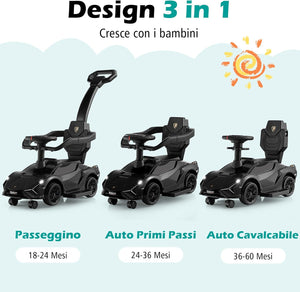 3 in 1 Auto da Spinta, Auto Scorrevole con Paracolpi e Manubrio Rimovibili Musica e Fari, Spazio di Stoccaggio Nascosto e Ruote Universali Staccabili, Bambini 18-24 Mesi (Nero)
