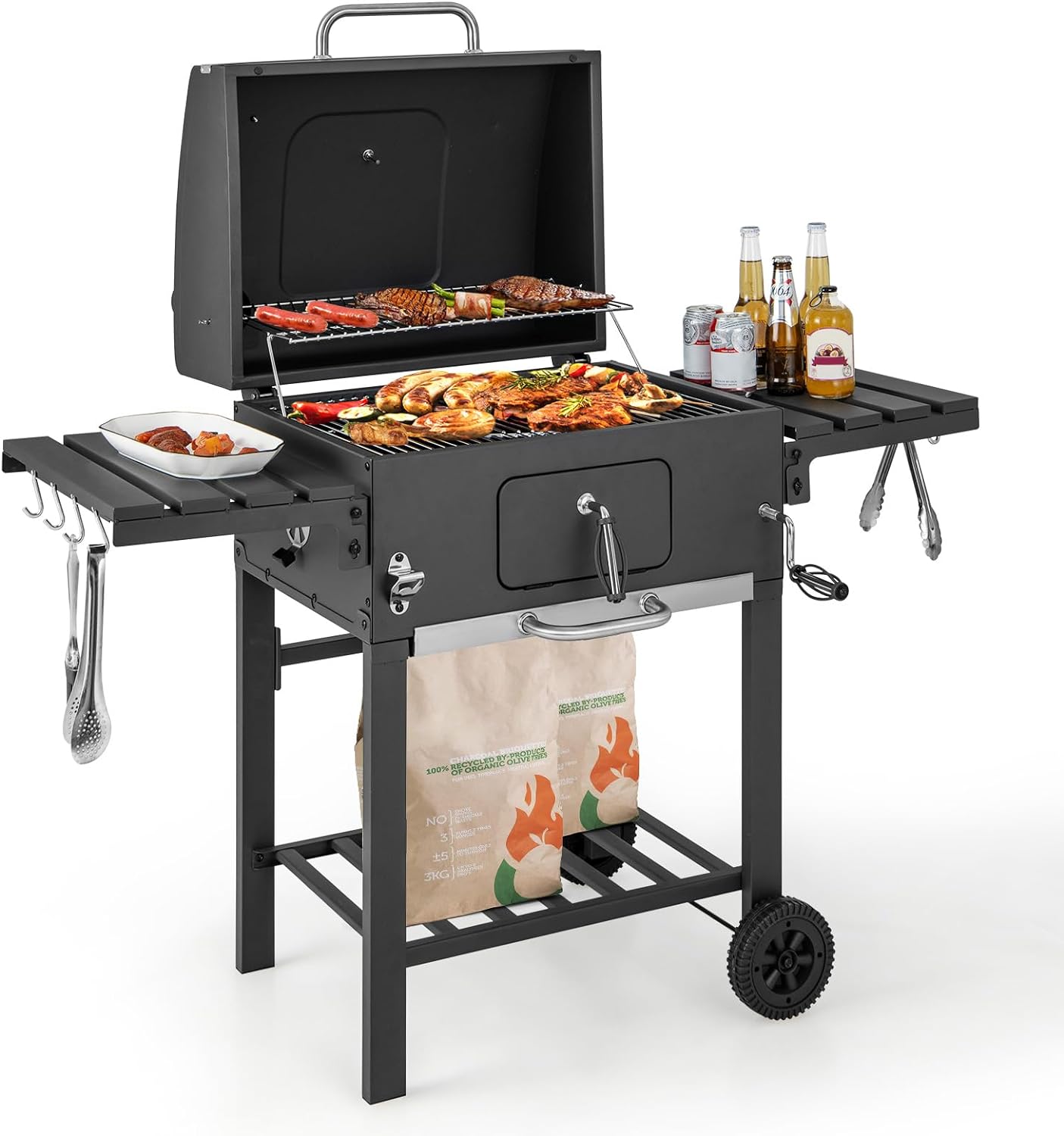 Barbecue a Carbone da Esterno a 2 Livelli, Barbecue all'Aperto in Metallo con 2 Ruote, 2 Tavolini Laterali a Ribalta, 8 Ganci, Ideale per Picnic, Campeggio, 128 x 54 x 117 cm