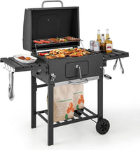 Barbecue a Carbone da Esterno a 2 Livelli, Barbecue all'Aperto in Metallo con 2 Ruote, 2 Tavolini Laterali a Ribalta, 8 Ganci, Ideale per Picnic, Campeggio, 128 x 54 x 117 cm