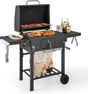 Barbecue a Carbone da Esterno a 2 Livelli, Barbecue all'Aperto in Metallo con 2 Ruote, 2 Tavolini Laterali a Ribalta, 8 Ganci, Ideale per Picnic, Campeggio, 128 x 54 x 117 cm