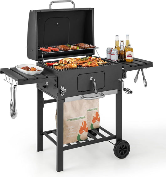 Barbecue a Carbone da Esterno a 2 Livelli, Barbecue all'Aperto in Metallo con 2 Ruote, 2 Tavolini Laterali a Ribalta, 8 Ganci, Ideale per Picnic, Campeggio, 128 x 54 x 117 cm
