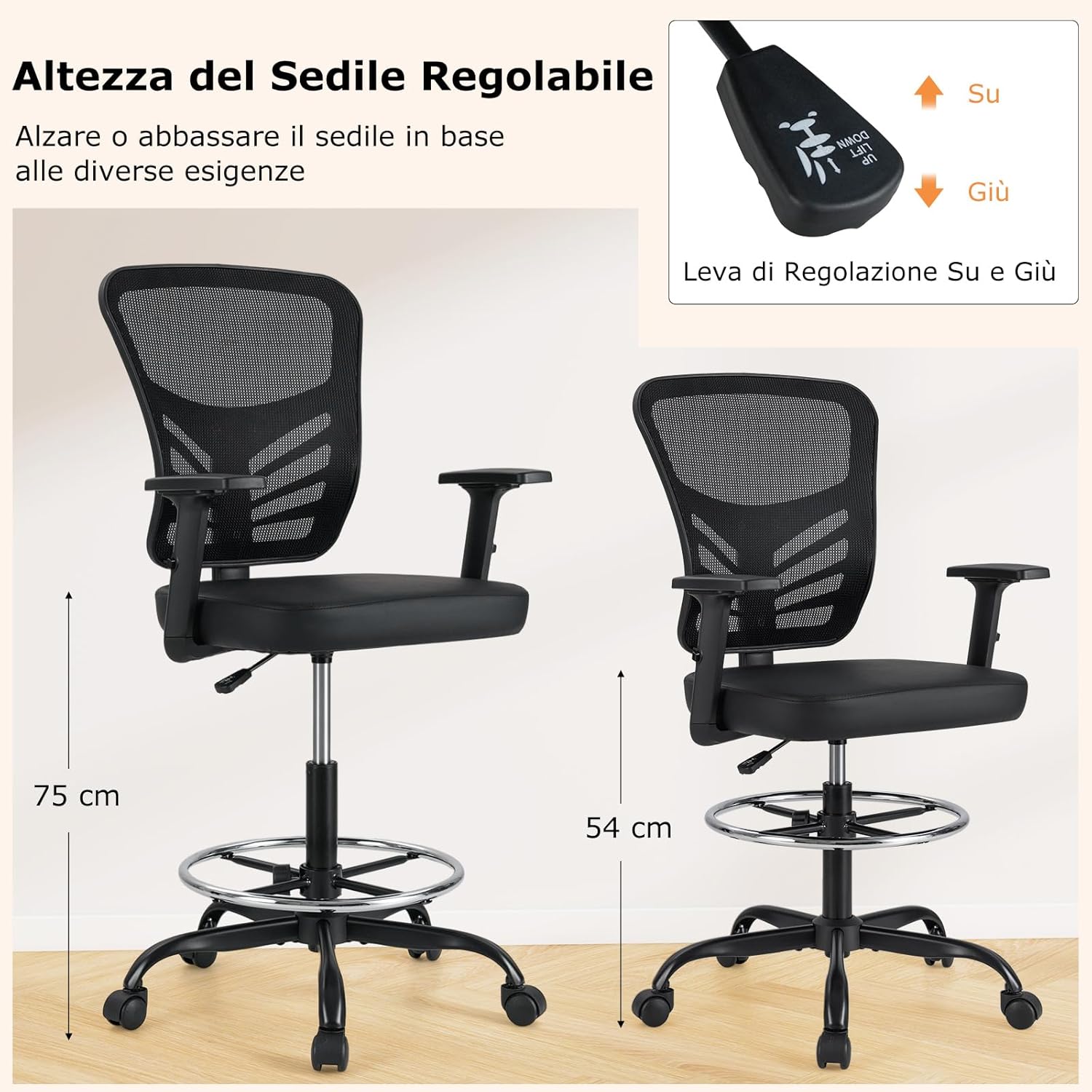 Sedia da Disegno Regolabile in Altezza, Girevole con Braccioli e Poggiapiedi Regolabili, Supporto Lombare, Sedia per Scrivania Alta per Ufficio e Studio, Portata 150 kg