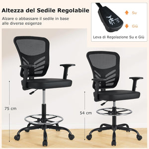 Sedia da Disegno Regolabile in Altezza, Girevole con Braccioli e Poggiapiedi Regolabili, Supporto Lombare, Sedia per Scrivania Alta per Ufficio e Studio, Portata 150 kg