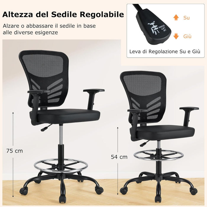Sedia da Disegno Regolabile in Altezza, Girevole con Braccioli e Poggiapiedi Regolabili, Supporto Lombare, Sedia per Scrivania Alta per Ufficio e Studio, Portata 150 kg