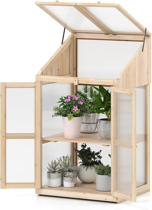 Serra da Balcone, Serra in Legno con Ripiano Fiori Rialzato, Tetto Trasparente Apribile, Porta Bloccabile e Ripiani Rimovibili, per Giardino e Cortile, 69 x 58 x 121 cm