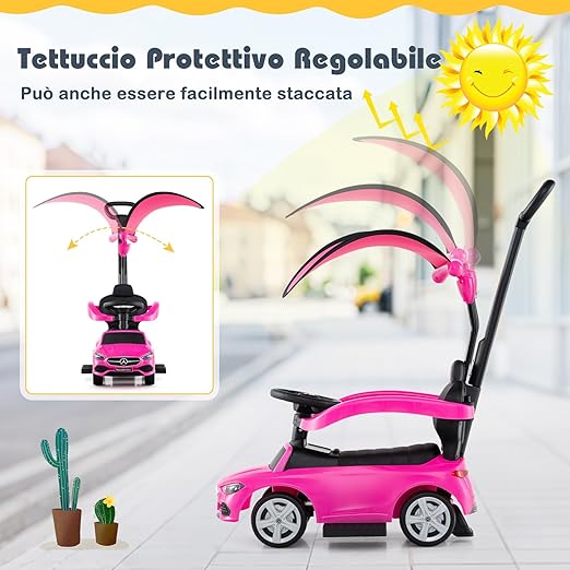 3 in 1 Auto a Spinta, Mercedes-Benz Macchina Cavalcabile, con Schienale Regolabile Suono Barra di Spinta e Tettuccio, per Bambini 18-36 Mesi (Rosa)