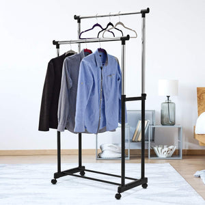 Stand Appendiabiti Multiuso in Metallo, Porta Abiti con Ruote, Appendiabiti Doppio con Altezza Regolabile, 86x43x94-168 cm
