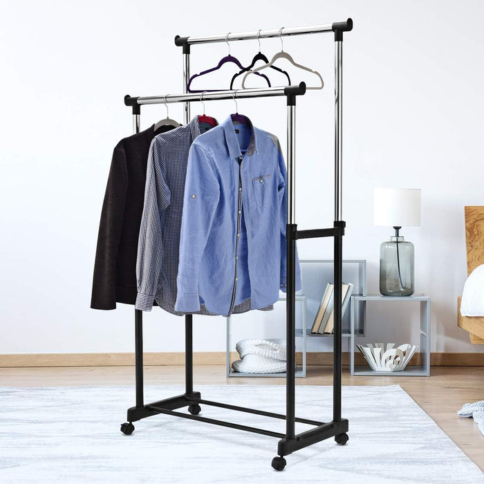 Stand Appendiabiti Multiuso in Metallo, Porta Abiti con Ruote, Appendiabiti Doppio con Altezza Regolabile, 86x43x94-168 cm