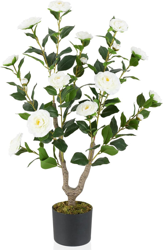 Albero di Camelia Artificiale 90 cm, Pianta Finta in Vaso con 16 Fiori Vivaci e 116 Foglie Vibranti, Pianta Decorativa per Soggiorno, Camera da Letto, Ufficio e Veranda (Bianco)