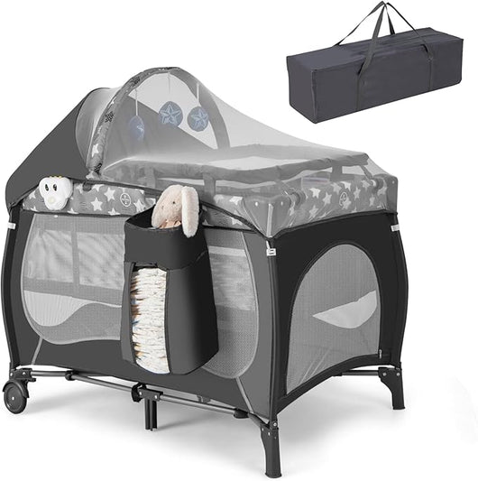 5 in 1 Lettino da Campeggio con Materasso, Lettino Neonato da Viaggio Pieghevole, Box Bambini Portatile con Borsa, Zanzariera, per Bambini 0-36 Mesi (Stella Grigia)