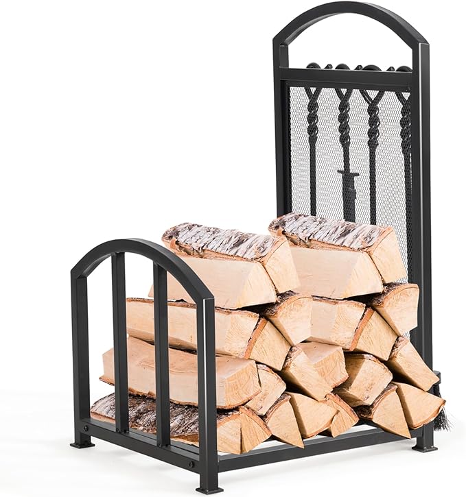 Porta Legna per Interni con 4 Attrezzi, Porta Legna per Camino di Metallo con Pala, Attizzatoio, Pinza, Scopa, Porta Legna da Ardere per Camino, Stufe e Braciere (43,5 x 39,5 x 69,5 cm)