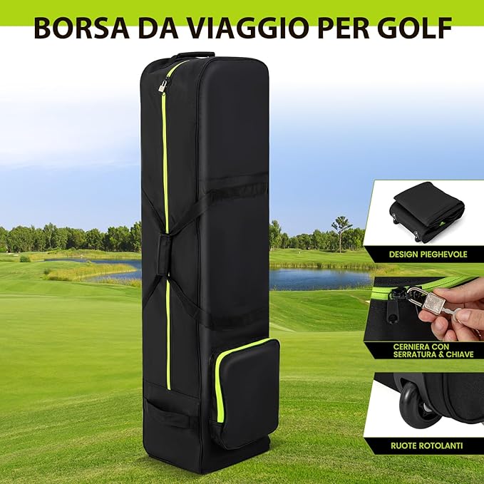 Borsa da Viaggio per Golf con Ruote Morbide, Custodia Resistente all'Usura e Impermeabile in Oxford con Tasca Extra, Zip e Chiave, Copertura Pieghevole per Mazze da Golf