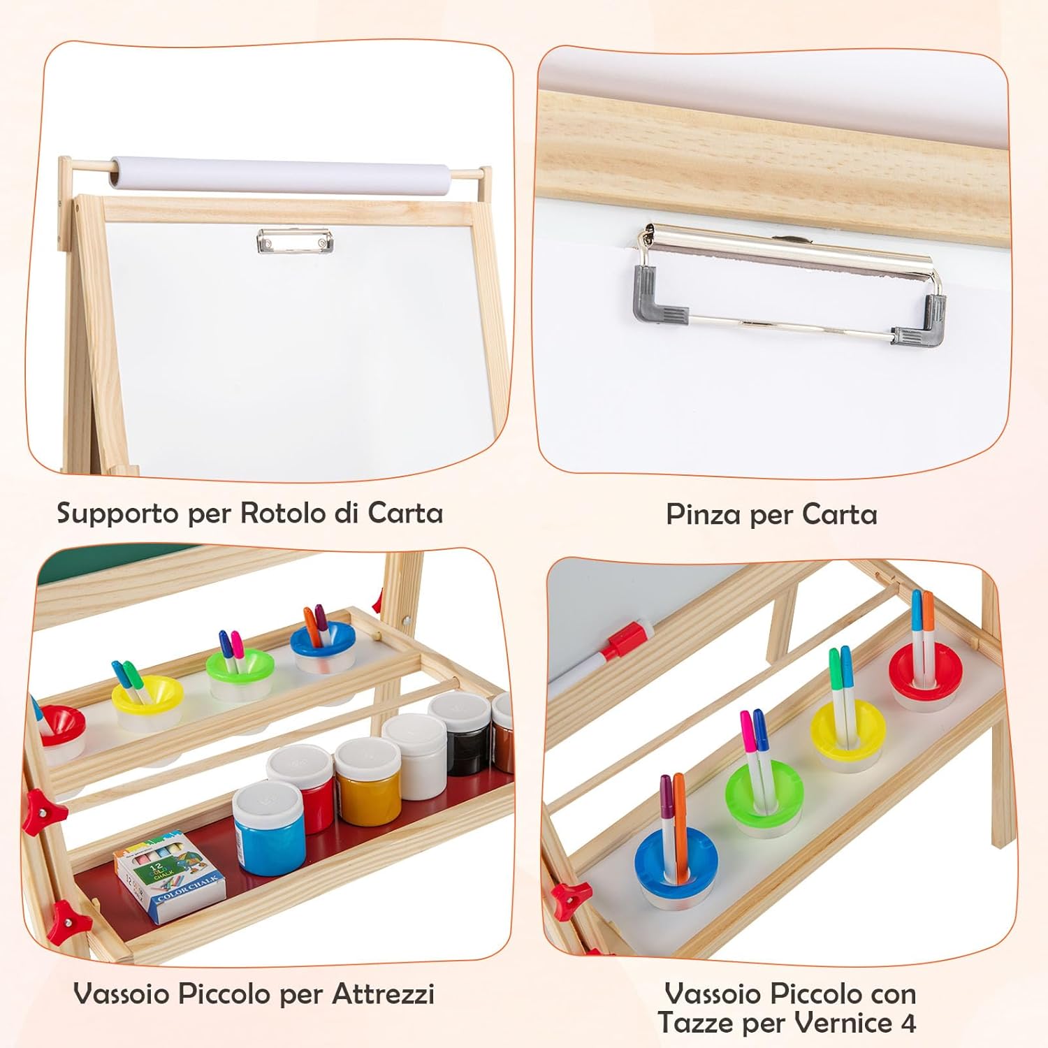 3 in 1 Cavalletto per Bambini, Cavalletto Doppia Faccia Regolabile con Lavagna Magnetica e Bianca, Rotolo di Carta, 4 Bicchieri per Vernice e Vassoio per Stoccaggio, per Bambini 3-10 Anni