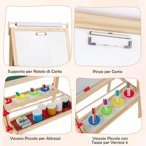 3 in 1 Cavalletto per Bambini, Cavalletto Doppia Faccia Regolabile con Lavagna Magnetica e Bianca, Rotolo di Carta, 4 Bicchieri per Vernice e Vassoio per Stoccaggio, per Bambini 3-10 Anni