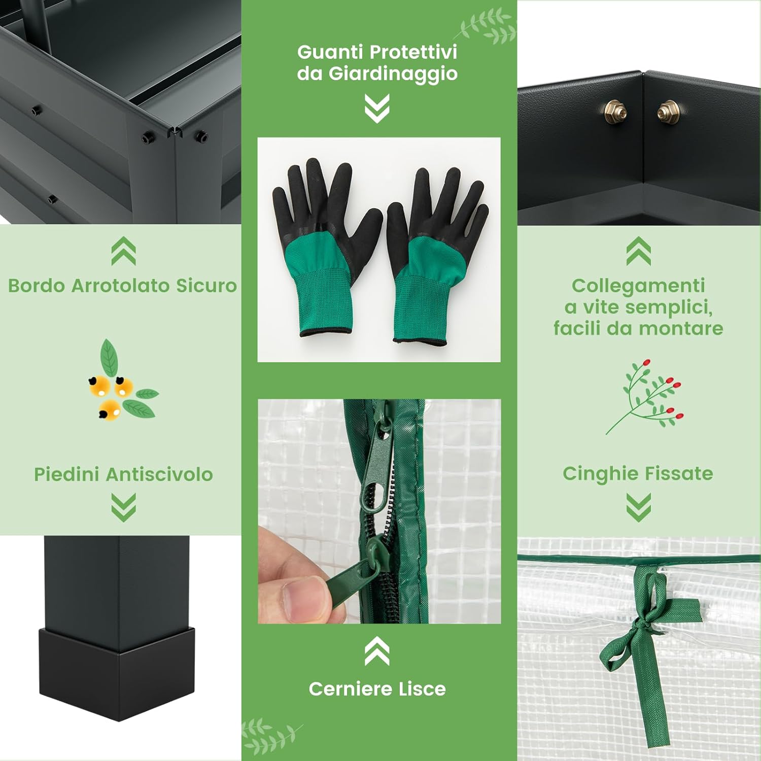 Letto per Orto in Cassetta con Serra da Giardino, Fioriera Rialzata da Giardino in Acciaio Zincato e PE, Aiuola Rialzata con Fori di Drenaggio da Esterno, 115 x 60 x 150 cm, Grigio