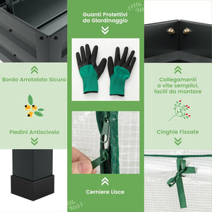 Letto per Orto in Cassetta con Serra da Giardino, Fioriera Rialzata da Giardino in Acciaio Zincato e PE, Aiuola Rialzata con Fori di Drenaggio da Esterno, 115 x 60 x 150 cm, Grigio