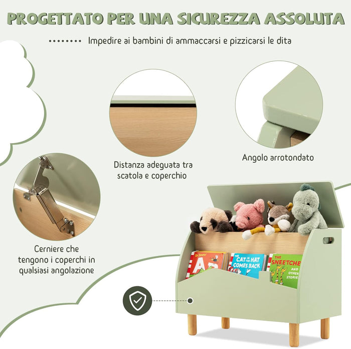 Scaffale dei Giocattoli per Bambini in Legno, Libreria per Bambini con Ripiano Espositivo e Contenitore con Coperchio Apribile, Ideale per Cameretta e Nido, 60 x 30 x 44 cm (Verde)