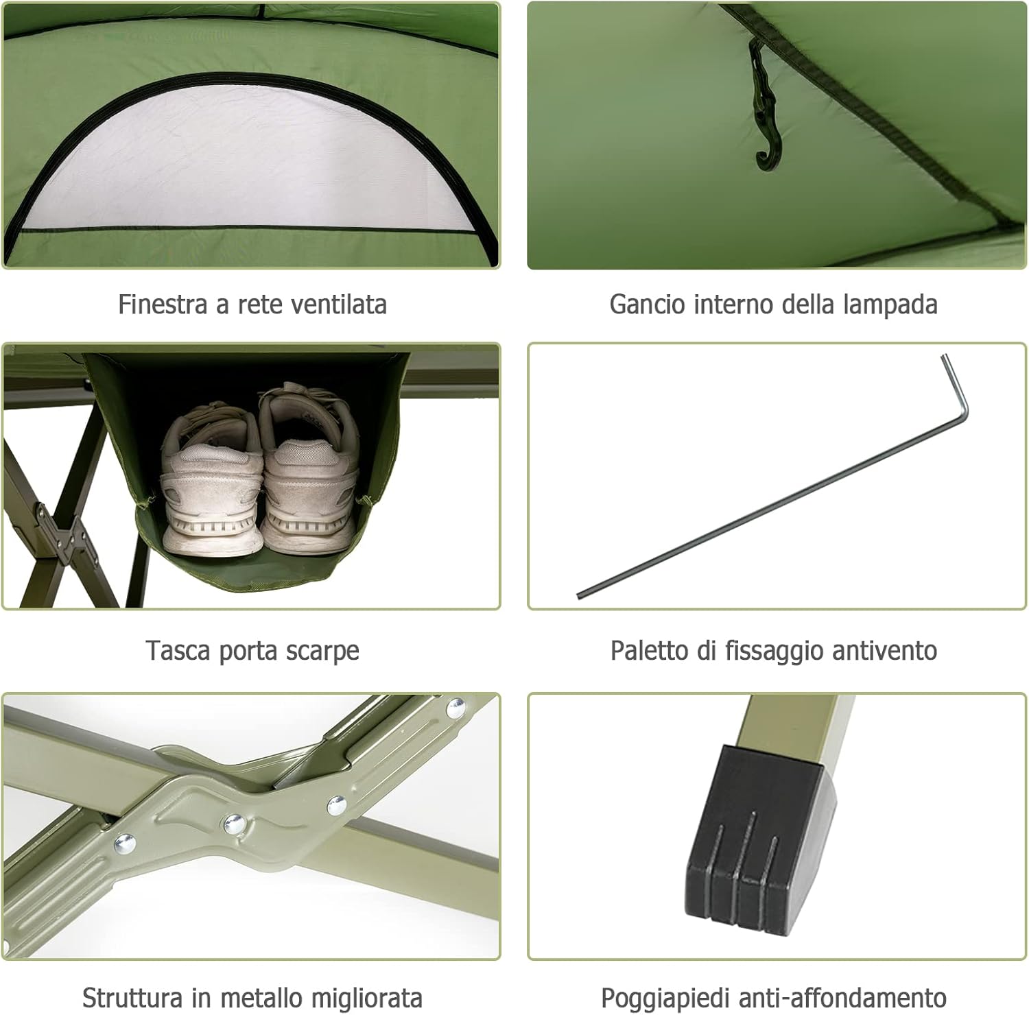 Tenda da Campeggio 4 in 1 con Letti, Copertura Esterna Impermeabile, Materasso a Gonfiaggio Automatico e Borsa di Trasporto con Rotelle, per Campeggio Arrampicata All'aperto Viaggio, Verde