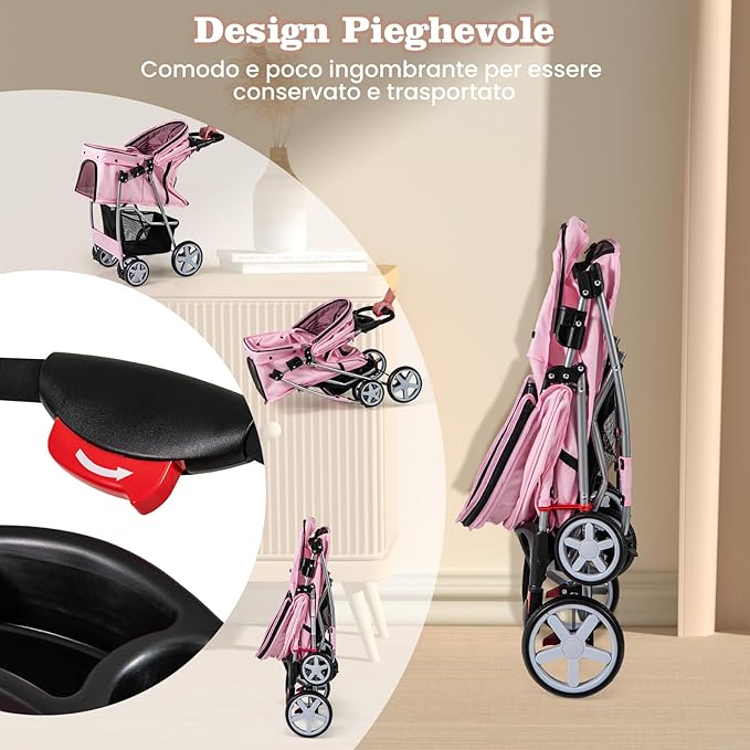 Passeggino per Cani Piccoli Pieghevole, Fino a 15 kg, Ruote 360° con Freni, Cuscino, Porta Doppio, Finestre, Cestino, Portabicchieri, Carrozzina Portatile (Rosa)
