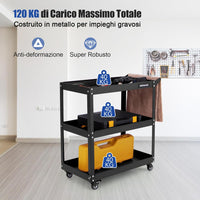 Carrello Portautensili a 3 Livelli, Carrello Metallico Resistente con 3 Ripiani, 4 Ruote Universali con 2 Freni, per Garage, Casa, Magazzino, 73 x 36 x 75 cm (Nero)