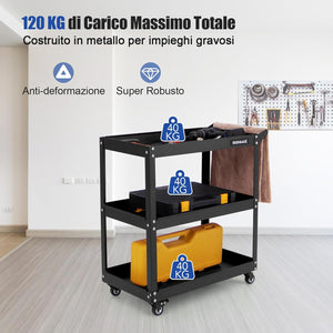 Carrello Portautensili a 3 Livelli, Carrello Metallico Resistente con 3 Ripiani, 4 Ruote Universali con 2 Freni, per Garage, Casa, Magazzino, 73 x 36 x 75 cm (Nero)