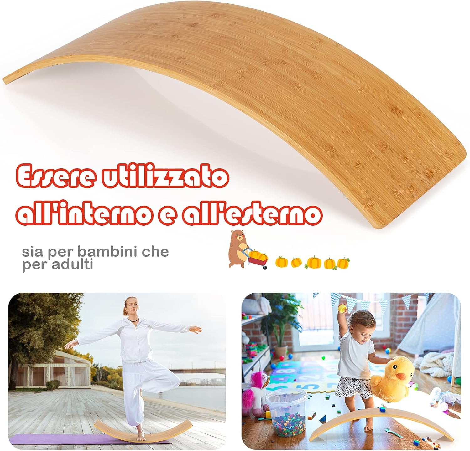 Balance Board di Legno, Pedana di Equilibrio, Tavola Curva per Yoga, Tavola Oscillante Naturala per Bambini e Adulti
