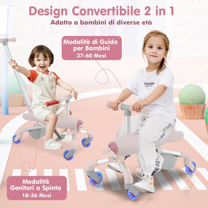2 in 1 Auto a Spinta per Bambini, Giocattolo Scorrevole con Luci a LED Maniglia Rimovibile e Regolabile, Poggiapiedi Pieghevole e Cestino Portaoggetti, per Bambini 18-70 Mesi (Rosa)