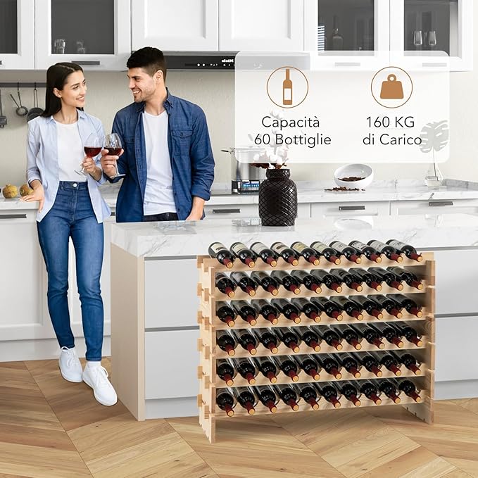 Cantinetta Portabottiglie Vino, Portabottiglie di Vino da 60 Bottiglie a 6 Ripiani, Scaffale Portavino da Terra per Cucina, Cantina e Ristorante (60 Bottiglie)