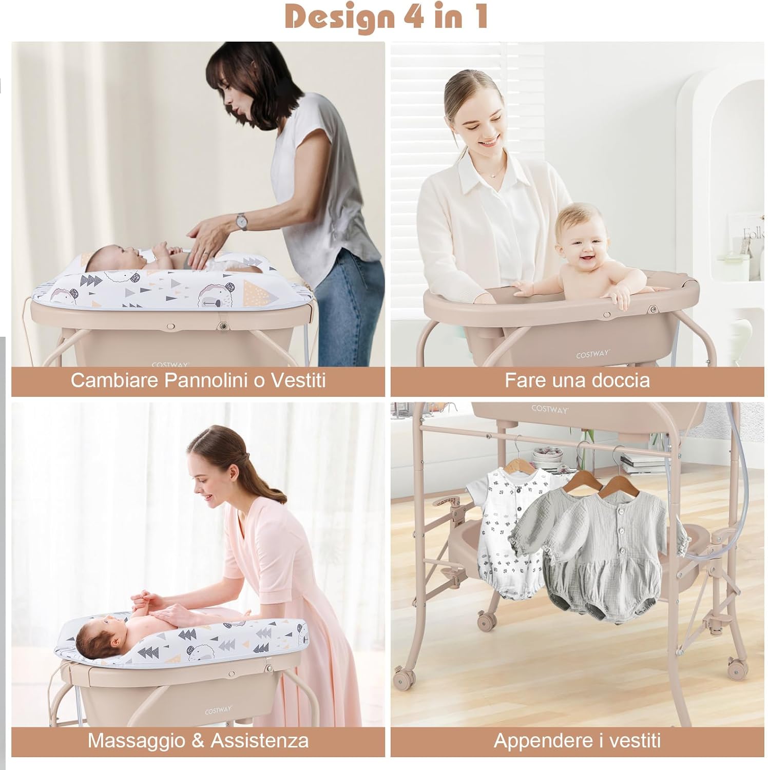 Fasciatoio con Vaschetta da Bagno per Bagnetto, Fasciatoio Pieghevole Salvaspazio con Materassino in PVC e Ruote, 0-12 Mesi fino a 11kg (Beige)