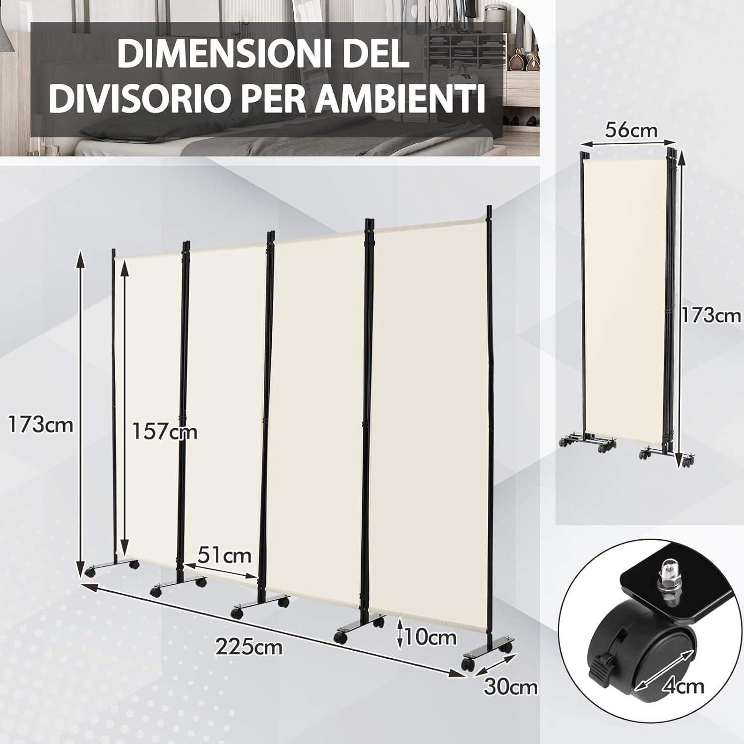 Paravento da Interno in Metallo, Separé Divisorio Interno Pieghevole con Piedini Stabili, Pannelli Divisori per Interni per Casa e Ufficio, Bianco, 225 x 173 cm, 4 Pannelli con ruote