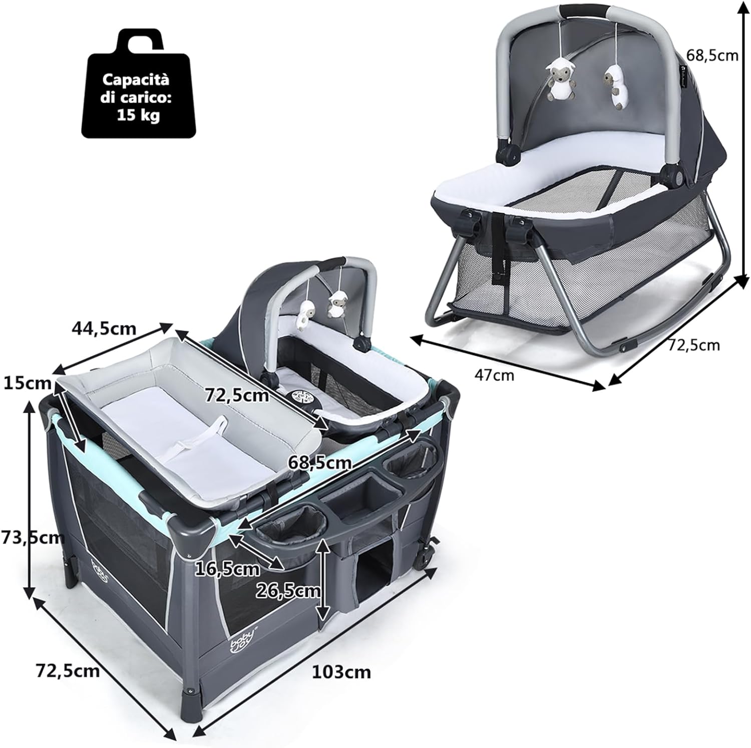 4 in 1 Lettino Neonato da Viaggio Pieghevole con Materasso, Culla da Campeggio con Fasciatoio e Giocattolo, per Bambini 0-36 Mesi fino a 15 kg (Grigio-Azzurro)