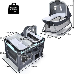 4 in 1 Lettino Neonato da Viaggio Pieghevole con Materasso, Culla da Campeggio con Fasciatoio e Giocattolo, per Bambini 0-36 Mesi fino a 15 kg (Grigio-Azzurro)