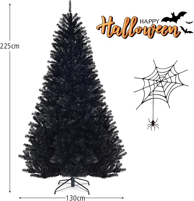 Albero di Natale Nero 180/225 cm, Albero di Natale con 1036/1258 Rami Folti e Base di Metallo con Cuscinetti Antiscivolo, Albero di Natale Realistico per Halloween (225 x Ø131cm)