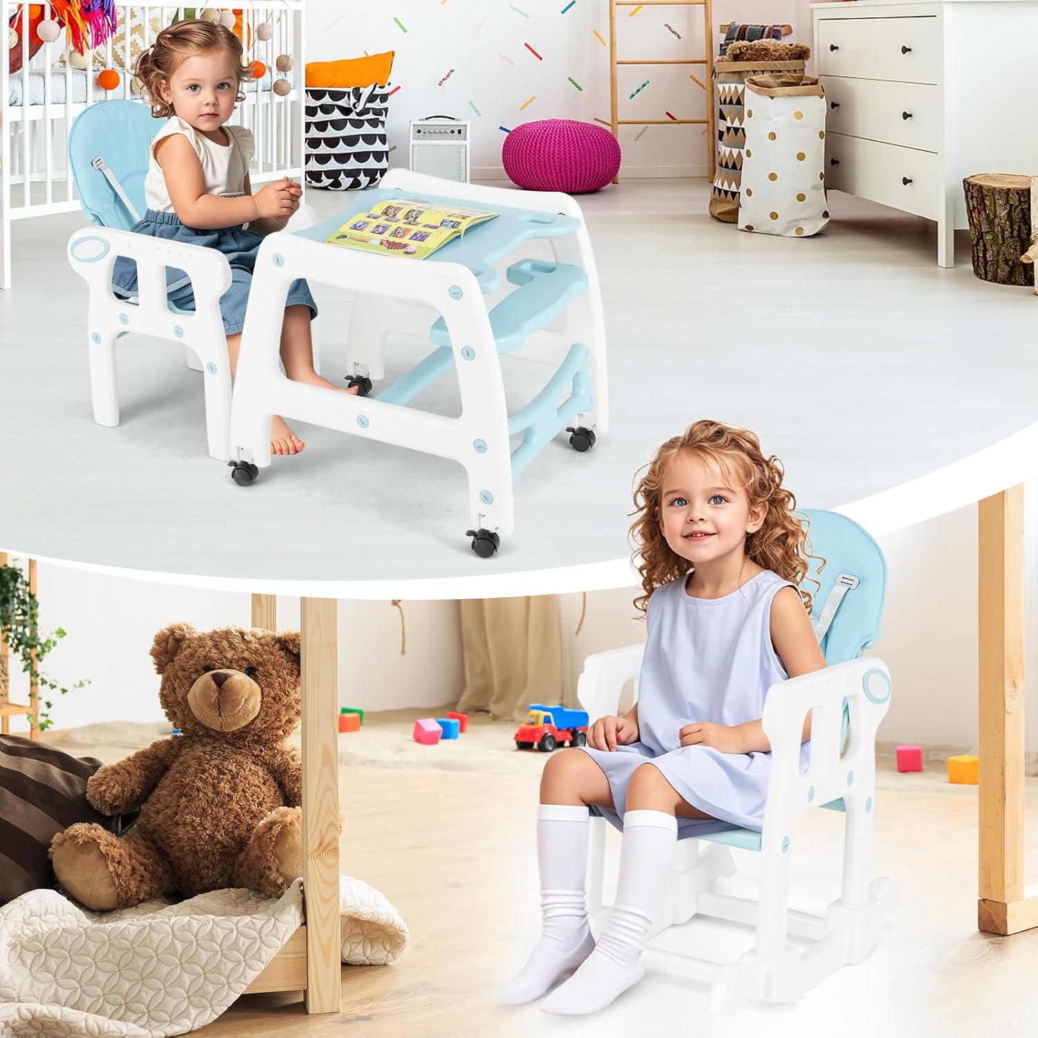 Seggiolone Pappa per Bambini 3 in 1, Seggiolone per Neonati con Vassoio Rimovibile, Cuscino per Seduta, Schienale Regolabile, per 6-36 Mesi, Capacità di Carico 20 kg (Blu)