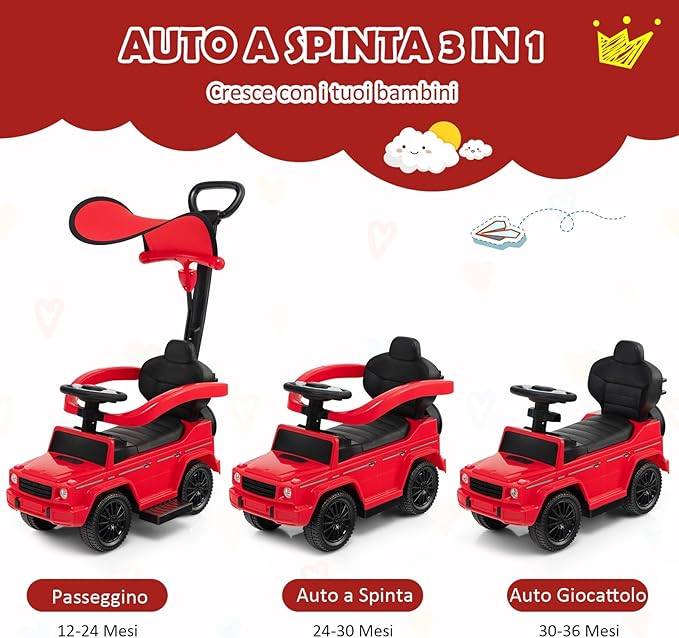 Auto a Spinta per Bambini, Macchina Cavalcabile a Spinta con Tettuccio Regolabile Maniglia per Genitori Paracolpi, Ideale per Bambini 12-36 Mesi (Rosso)