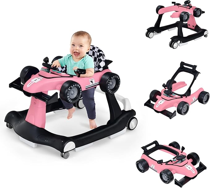 Girello per Bambini 4 in 1, Girello Pieghevole con Altezza e Velocità Regolabili, Carillon con Luci, Volante, Primi Passi per Bambini 6-18 Mesi, Portata 15 kg (Rosa)