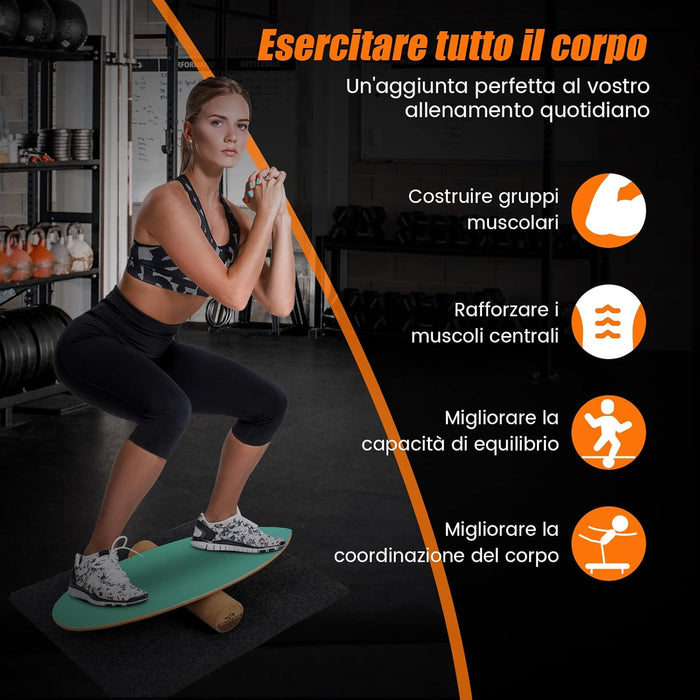Balance Board in Legno, Tavola di Equilibrio con Rullo e Tappetino per Allenamento Skateboard Hockey Snowboard Surfing, per Esercizi Equilibrio e Tonificazione Core, Portata 227 kg (Verde)