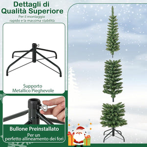 Albero di Natale Slim da 150/180/210 CM, Albero di Natale Artificiale con 296/390/499 Punte di Ramo, 150/180/200 Luci LED Bianche Calde, Supporto Pieghevole in Metallo (180 cm)