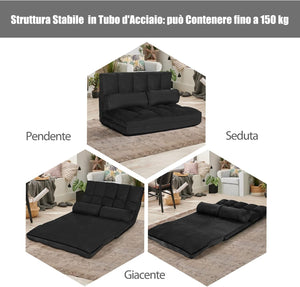 Divano Letto da Terra con 2 Cuscini, Divano Letto Pieghevole con Schienale Regolabile a 6 Livelli, Ideale per Camera da Letto e Soggiorno (Nero)