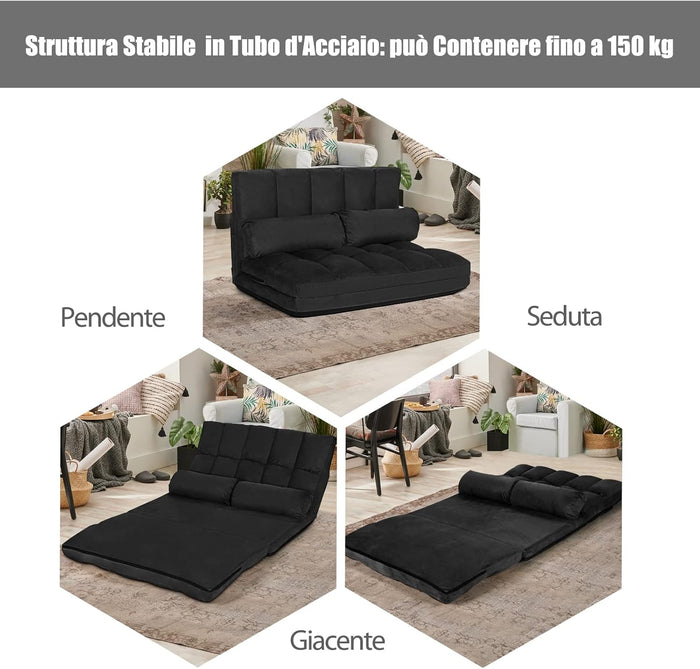 Divano Letto da Terra con 2 Cuscini, Divano Letto Pieghevole con Schienale Regolabile a 6 Livelli, Ideale per Camera da Letto e Soggiorno (Nero)