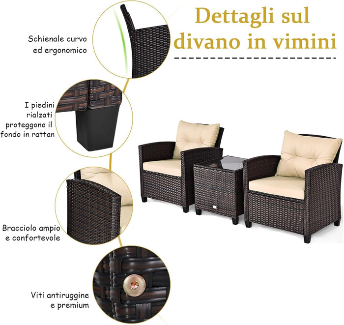 Set di 3 Pezzi di Mobili da Giardino, 1 Tavolo con Piano in Vetro Temprato e 2 Poltrone da Salotto, 4 Cuscini Rimovibili, per Giardino Piscina e Prato (Beige)