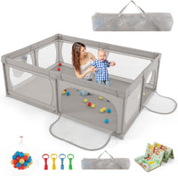 Recinto per Bambini con Materasso, Box per Bambini con Tappetino, Rete Traspirante e Apertura a Cerniera, Box Giochi con Borsa, 4 Impugnature e 50 Palline, per Bambibi 0-3 Anni (Grigio Chiaro)